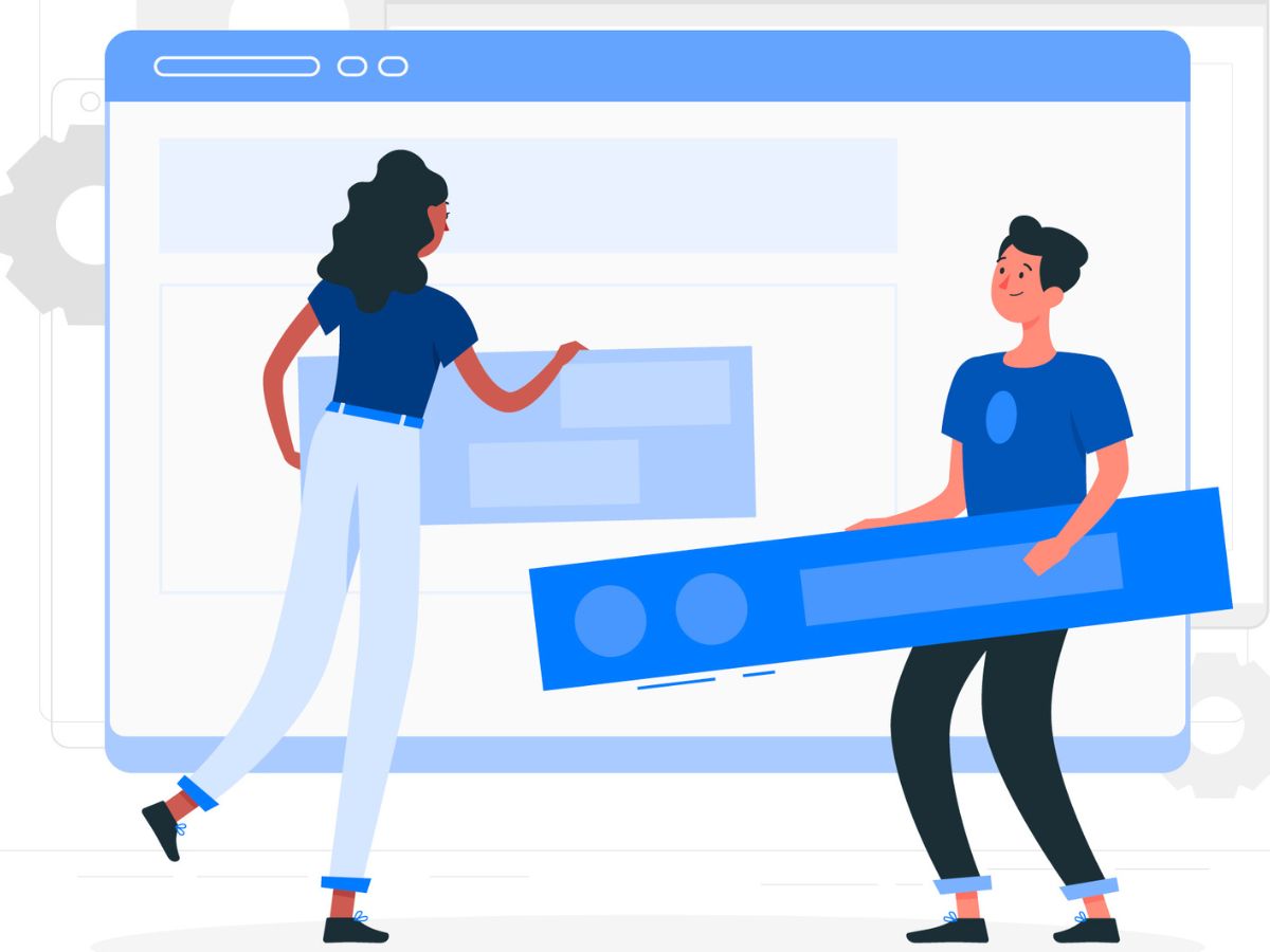 Ilustração mostra duas pessoas montando uma nova página da internet com blocos na mão