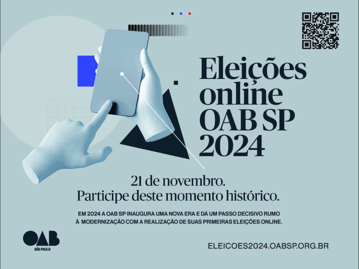Imagem de fundo azul claro, com duas mãos segurando um celular e a seguinte frase escrita à direita: "Eleições online OAB SP 2024". Abaixo dessa imagem consta a frase: "21 de novembro. Participe deste momento histórico. Em 2024 a OAB SP inaugura uma nova era e dá um passo decisivo rumo à modernização com a realização de suas primeiras eleições online. eleicoesonline2024.oabps.org.br"