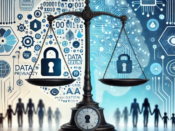 Imagem representando o equilíbrio entre dados e privacidade, simbolizando a proteção das informações pessoais.