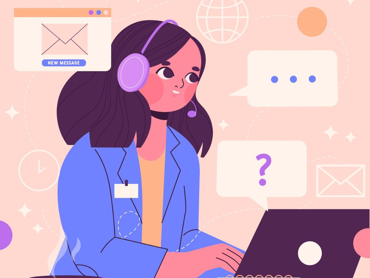 ilustração de mulher com fones de ouvido fazendo atendimento