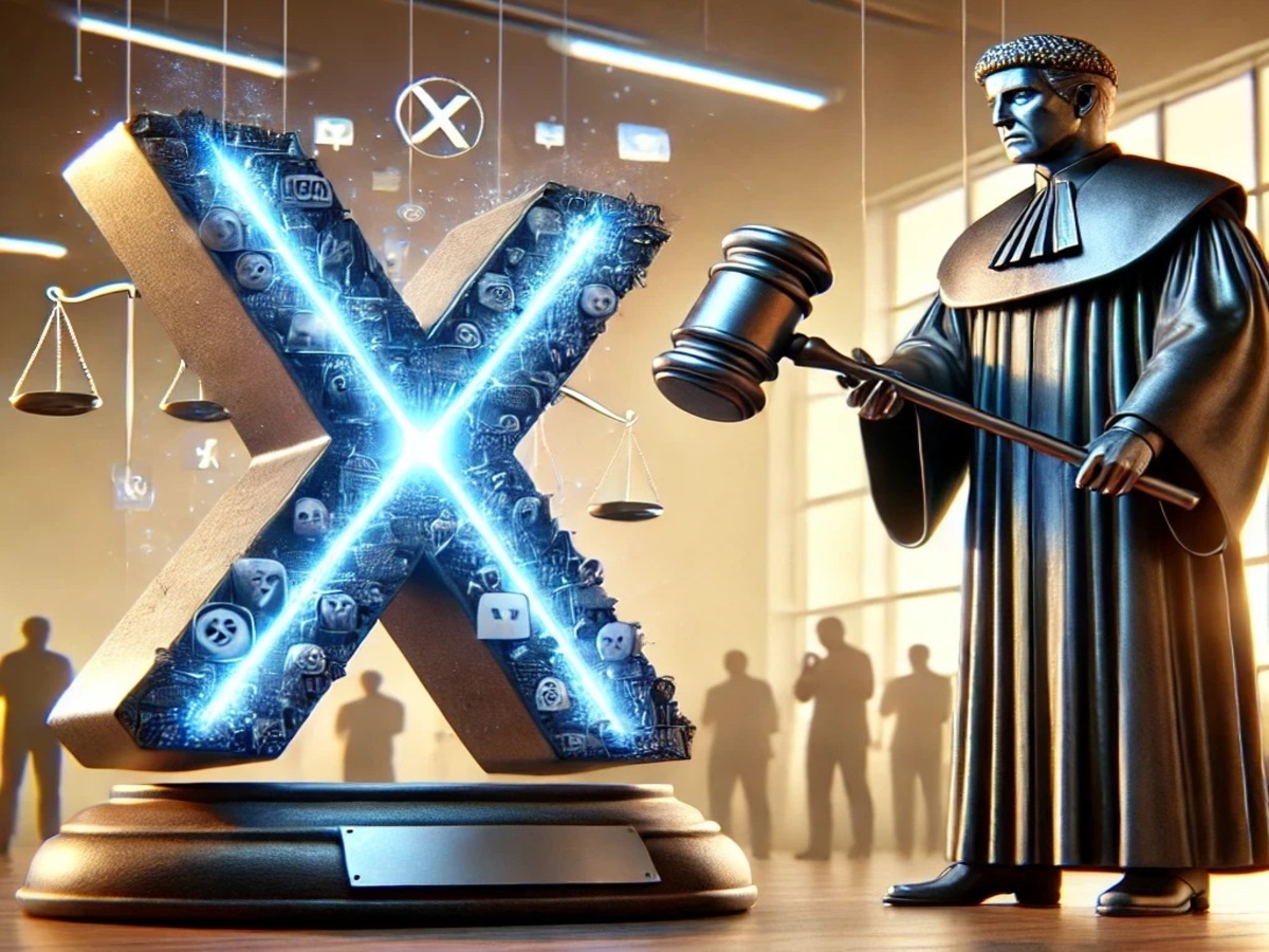 Imagem com um X em destaque, representando o símbolo da rede social que foi banida judicialmente para operar no Brasil. Na imagem está representado também um juiz com um malhete em mãos
