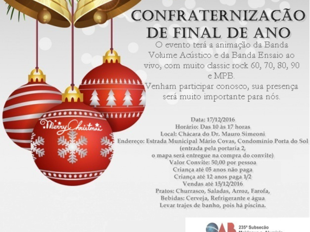 Convite confraternização de final de ano 235ª subseção Mairinque e alumínio